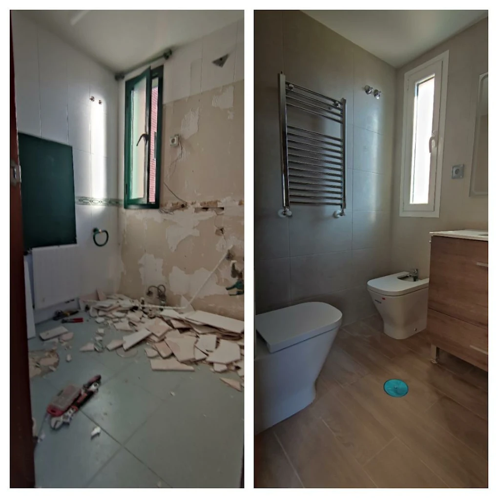 Antes y después reforma baño con alicatado gris y detalles madera natural Madrid