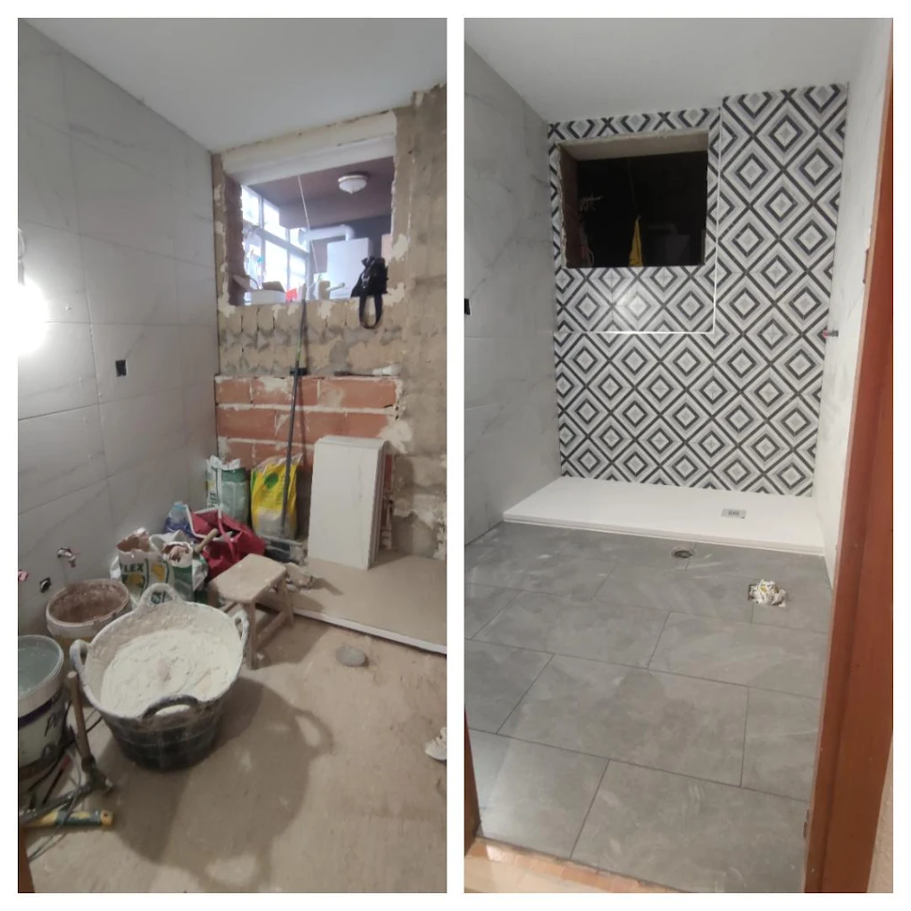 Reforma baño antes después con azulejo geométrico gris moderno Madrid