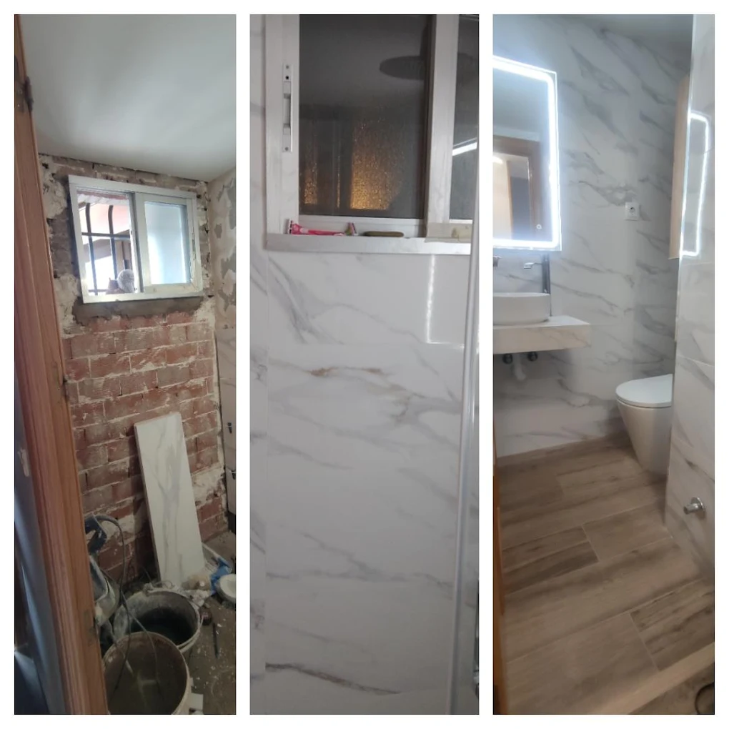 Antes y después reforma de baño con mármol blanco y suelo imitación madera en Madrid