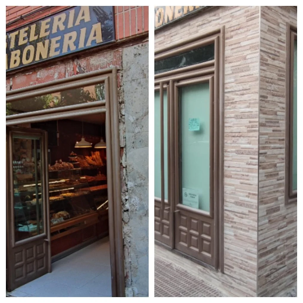 Antes y después reforma local pastelería con fachada piedra natural Madrid